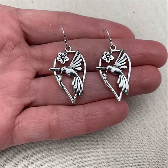 Bohemian Flower Bird Dangle Hook Silver Earrings - Picture 2 of 5